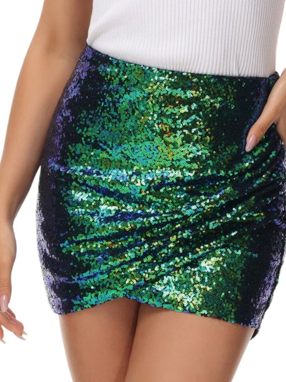 Anna-Kaci Women's Side Pleated Tulip Hem Sparkly Sequin Mini Skirt - XS, Green